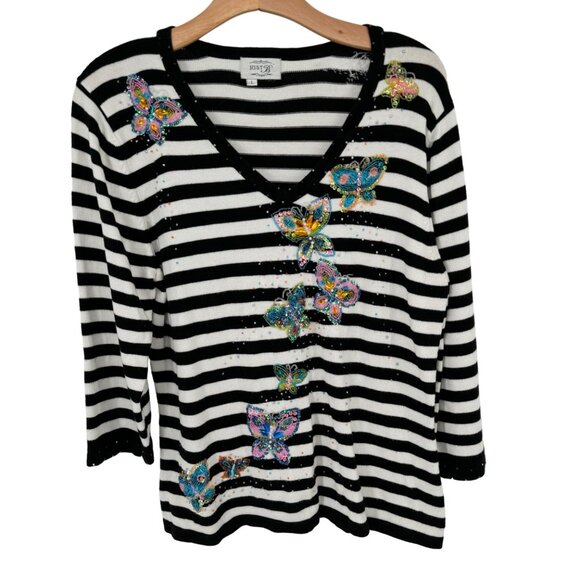 Just B Womens V-neck sweater Butterfly Embellished  Black  3/4 Sleeve size large - Picture 2 of 13